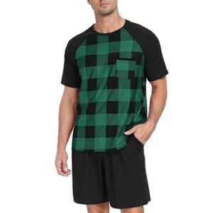 Men's Pajama Set Sleepwear Lightweight Short Sleeve Black /Green NWT